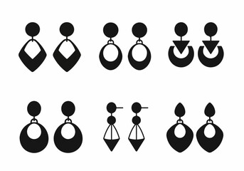 Collection of six distinct black silhouette earring icons featuring various modern and geometric designs on a white background, perfect for jewelry concepts.
