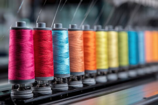 A vibrant rainbow of colorful thread spools on an industrial textile machine.