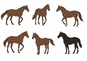 Set of cartoon horse illustrations in various walking and trotting poses, featuring brown colored horses and a black silhouette on a white background.