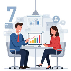 Male financial advisor explains a colorful bar graph on a tablet to a smiling female client in a modern office, a vibrant 2D flat vector illustration of financial consultation and data analysis.