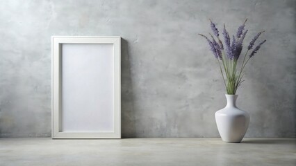 Simple elegance a blank frame and a vase of purple flowers against a textured grey wall