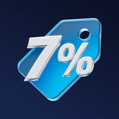 7 percent discount number with blue glass shopping badge isolated on dark background. 3d render