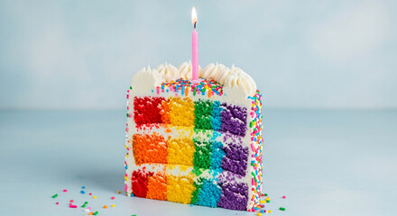 Rainbow layer cake slice with pink candle, white frosting, and colorful sprinkles on light-blue background, symbolizing celebration and joy, perfect for birthday themes