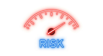 Neon red gauge with blue "RISK" text below, illustrating risk assessment or management concept, suitable for business or finance presentations