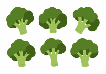 Set of Fresh Green Broccoli Florets in Flat Design Style, Healthy Vegetable Collection for Food, Diet, and Nutrition Concepts.