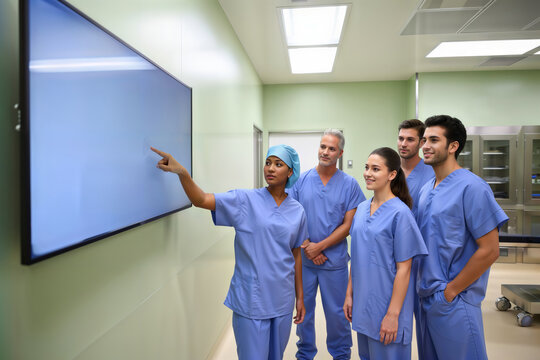A diverse medical team in scrubs collaborates while viewing a large screen in a hospital.
