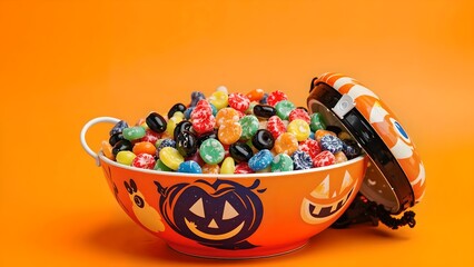 Halloween Candy Bowl with Colorful Sweets on Orange Background