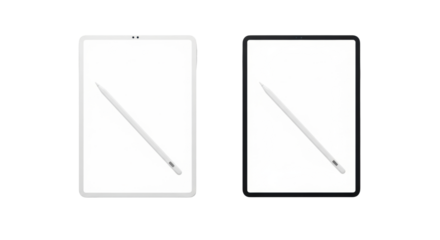 Two sleek modern tablets with thin bezels, white & black frames, blank luminous screens, white stylus pens on transparent infinity background, technology product concept