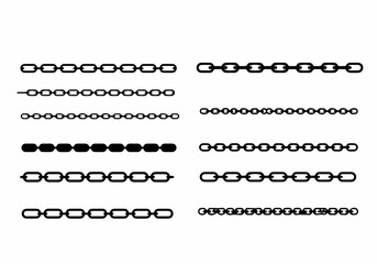 Vector collection of black chain link designs in various styles, isolated on a white background, representing connection, strength, and security.