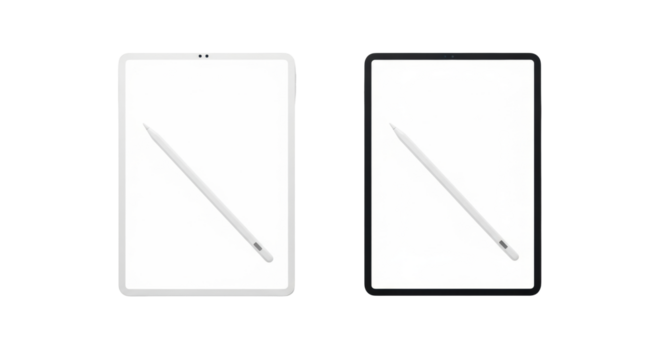 Two sleek modern tablets with thin bezels, white & black frames, blank luminous screens, white stylus pens on transparent infinity background, technology product concept