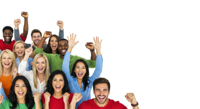 Happy, diverse group of adults in bright casual clothes raising hands on a transparent background with copy space, concept of joyful celebration and triumph