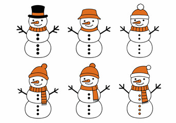 Collection of Six Cute Cartoon Snowmen with Orange Winter Accessories on White Background