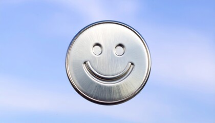 Chrome Smiley Badge Floating Against a Gradient Sky