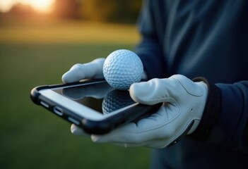 A golfer in a white glove balances a golf ball on a smartphone screen.