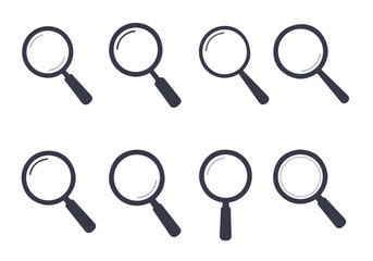 Collection of simple flat magnifying glass icons in various styles, representing search, focus, discovery, and investigation concepts on a white background.