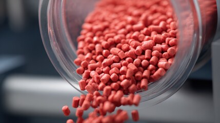 Closeup of vibrant vitamin pellets flowing into distribution equipment with clear detail on pellets and blurred background for emphasis