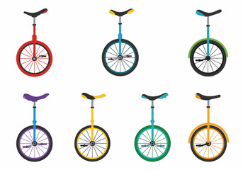 Vibrant flat design unicycles collection on white background, ideal for sports, circus, and entertainment themes. © Nafa Project