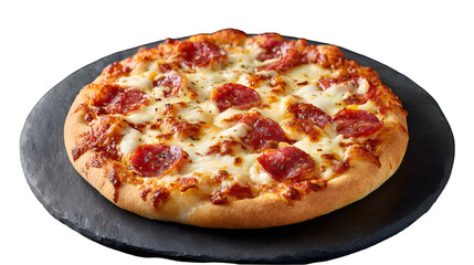 A classic Pizza Diavola. This spicy Italian pizza is topped with hot salami, red chili flakes, and a generous amount of melted mozzarella cheese.
