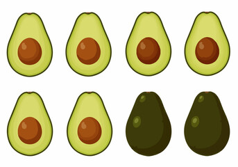 Avocado vector illustration set: whole and halved avocados with pits on white background, perfect for healthy food and cooking concepts.