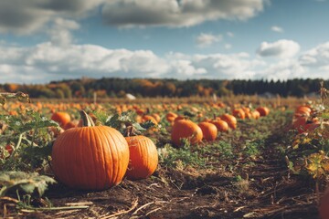 Vast Pumpkin Patch Field Under Cloudy Autumn Sky Ready For Harvest.