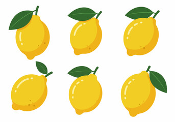 Set of six vibrant yellow lemon illustrations with green leaves, showcasing simple flat design and fresh citrus appeal on a white background.