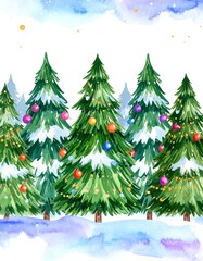 Fototapeta premium Watercolor Christmas trees with snow and decorations