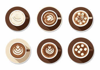 Flat Design Illustration of Assorted Hot Beverages: Coffee, Latte Art, and Hot Chocolate with Marshmallows, from a Top View Perspective