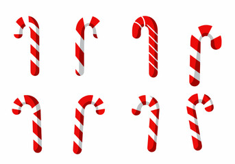 Fototapeta premium Collection of eight distinct red and white striped candy cane illustrations for festive holiday and Christmas designs on a clean white background.