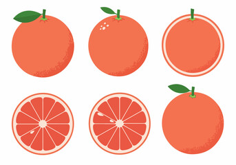 Collection of Stylized Grapefruit Illustrations: Whole, Halved, and Sliced Citrus Fruits in Flat Design for Healthy Food Concepts