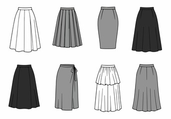 Diverse Skirt Styles Technical Drawings Set: Fashion Flat Illustrations of A-line, Pleated, Pencil, Wrap, and Tiered Designs for Women's Apparel.