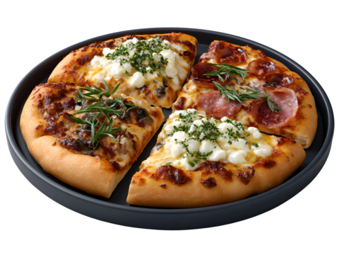 A pizza sampler platter featuring three different slices of pizza, including pepperoni & mushroom and ham, served on a special sectioned plate.