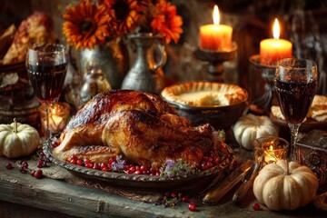 Thanksgiving Celebration Table Setting with Festive Food
