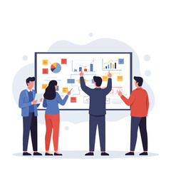 Vibrant 2D flat vector illustration of a diverse professional team collaborating on a project, standing by a large whiteboard with sticky notes and diagrams, one person pointing at a flowchart.