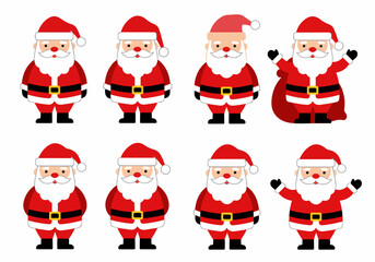 Collection of diverse Santa Claus cartoon illustrations, featuring different poses and a Santa holding a gift bag, perfect for festive holiday designs.