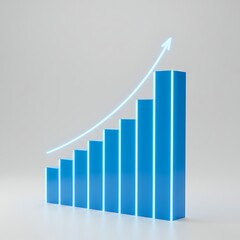 A glowing blue bar chart with an ascending arrow on a gray background, symbolizing growth, progress, and success.