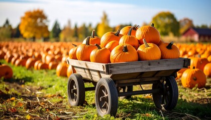 Harvest Bounty: A wagon overloaded with pumpkins in a vibrant autumn field
