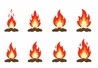 Set of cartoon campfire and bonfire icons with logs and dynamic flames, showing various stages of burning, perfect for outdoor themes.