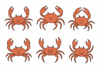 Six delightful cartoon red crabs with black outlines, showcasing various poses, a charming aquatic illustration set for marine life and seafood themes.