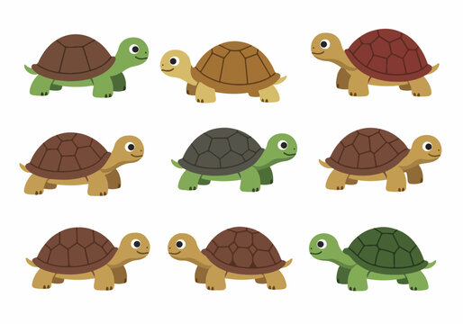 Set of cute cartoon turtles and tortoises in various colors, with happy smiling faces, isolated vector illustrations perfect for children's designs and education.