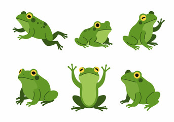 Six cartoon green frogs in different poses, isolated on a white background, perfect for nature, animal, or children's themed designs and illustrations.