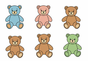 Collection of cute cartoon teddy bears in blue, pink, brown, and green colors, perfect for children's themed designs and playful graphics.