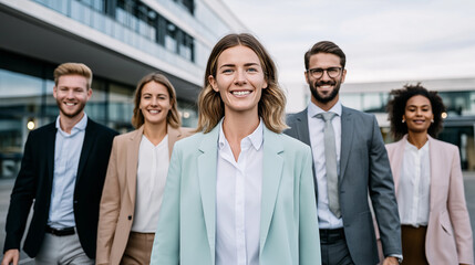 Confident business team of young professionals walking together outdoors in modern corporate environment