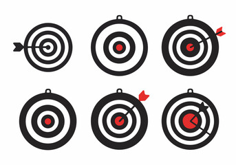 Target and Arrow Icons Set: Visualizing Goals, Success, and Challenges with Hit and Miss Outcomes on a Dartboard.