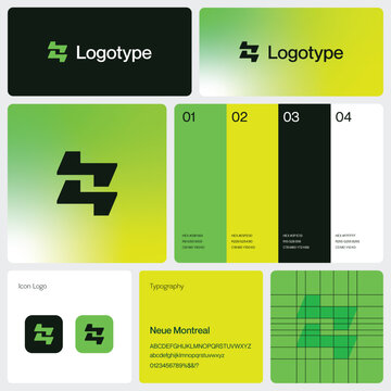 Dynamic flash symbol logo template and complete brand identity guide, featuring a modern green and yellow color palette and corporate style guide layout