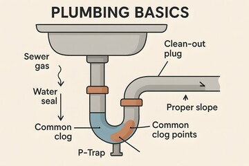 P-Trap Diagram Basics with Plumbing Components for Home Repair Education