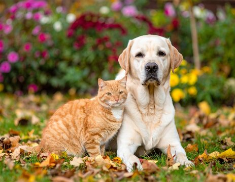 chien labrador et chat tigr&eacute; au jardin