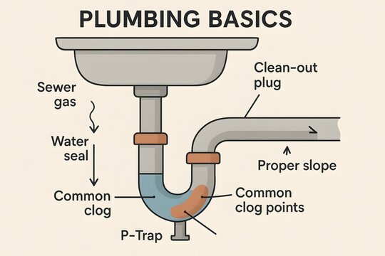 P-Trap Diagram Basics with Plumbing Components for Home Repair Education