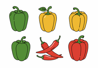 Colorful assortment of outlined cartoon peppers and chili peppers on white background, featuring green, yellow, and red bell peppers alongside spicy red chilis, perfect for food and cooking designs.