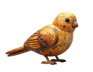 Rustic Wooden Budgerigar Toy with Simplified Shape and Painted Features, Side Profile View, Isolated on Transparent Background