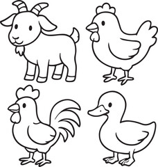 Cute farm animals coloring book page – goat, chicken, rooster and duck cartoon vector